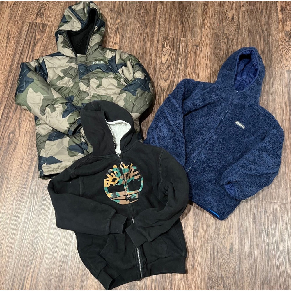 Kids Jacket Lot 3pc Columbia Camo Puffer Timberland Hoodie Eddie Bauer Fleece M